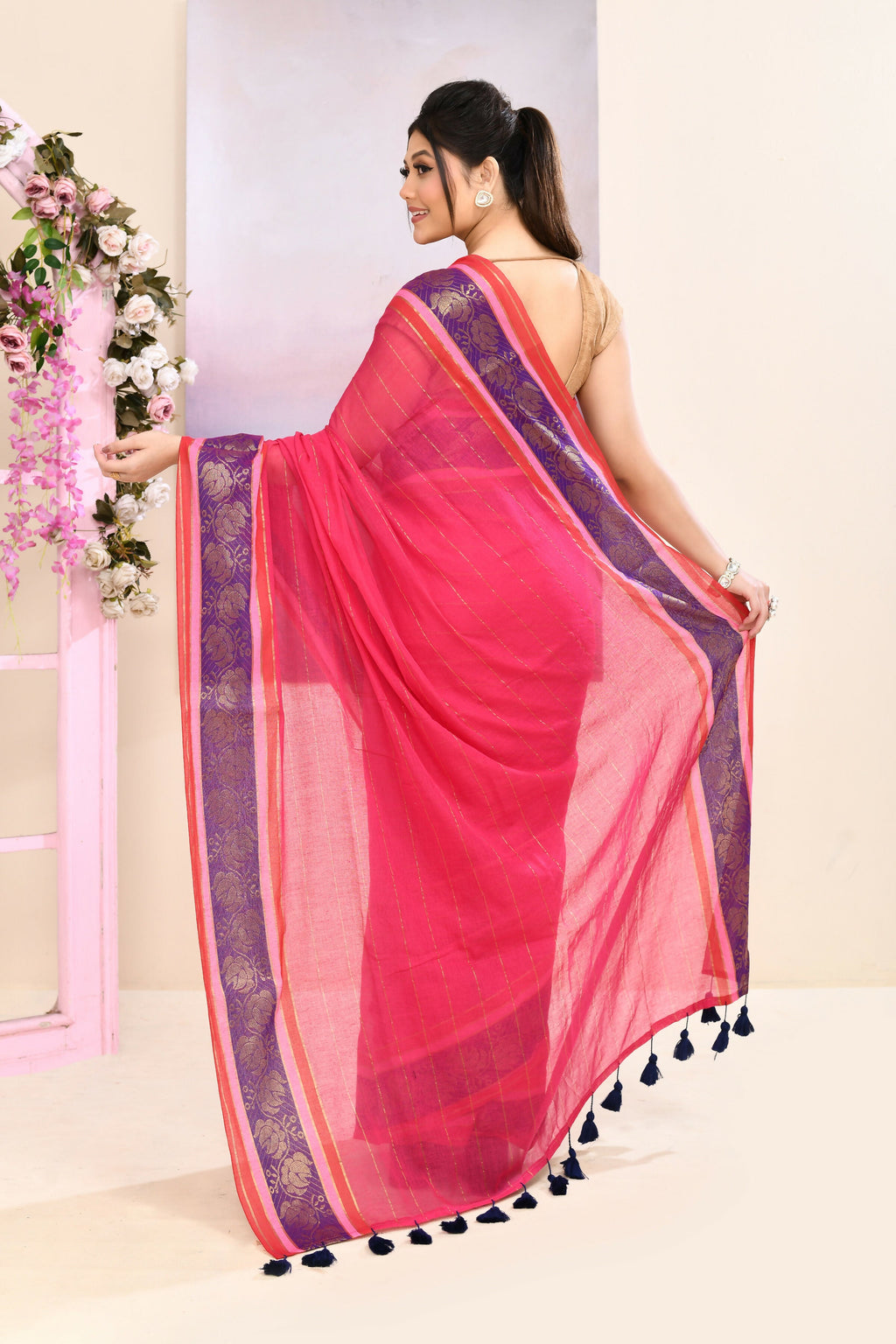 Rani Pink Cotton Saree with Embellished Zari Border