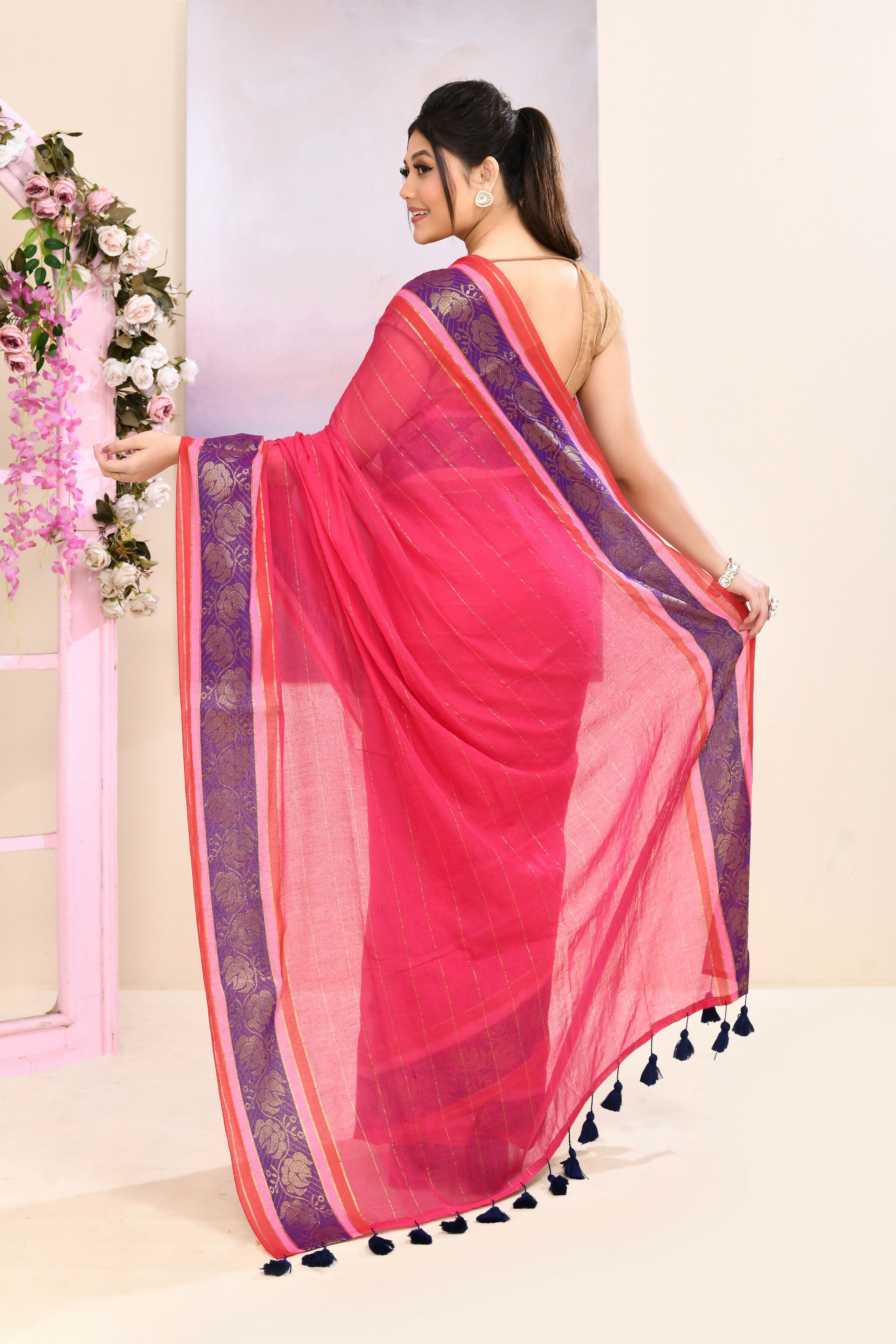 Rani Pink Cotton Saree with Embellished Zari Border