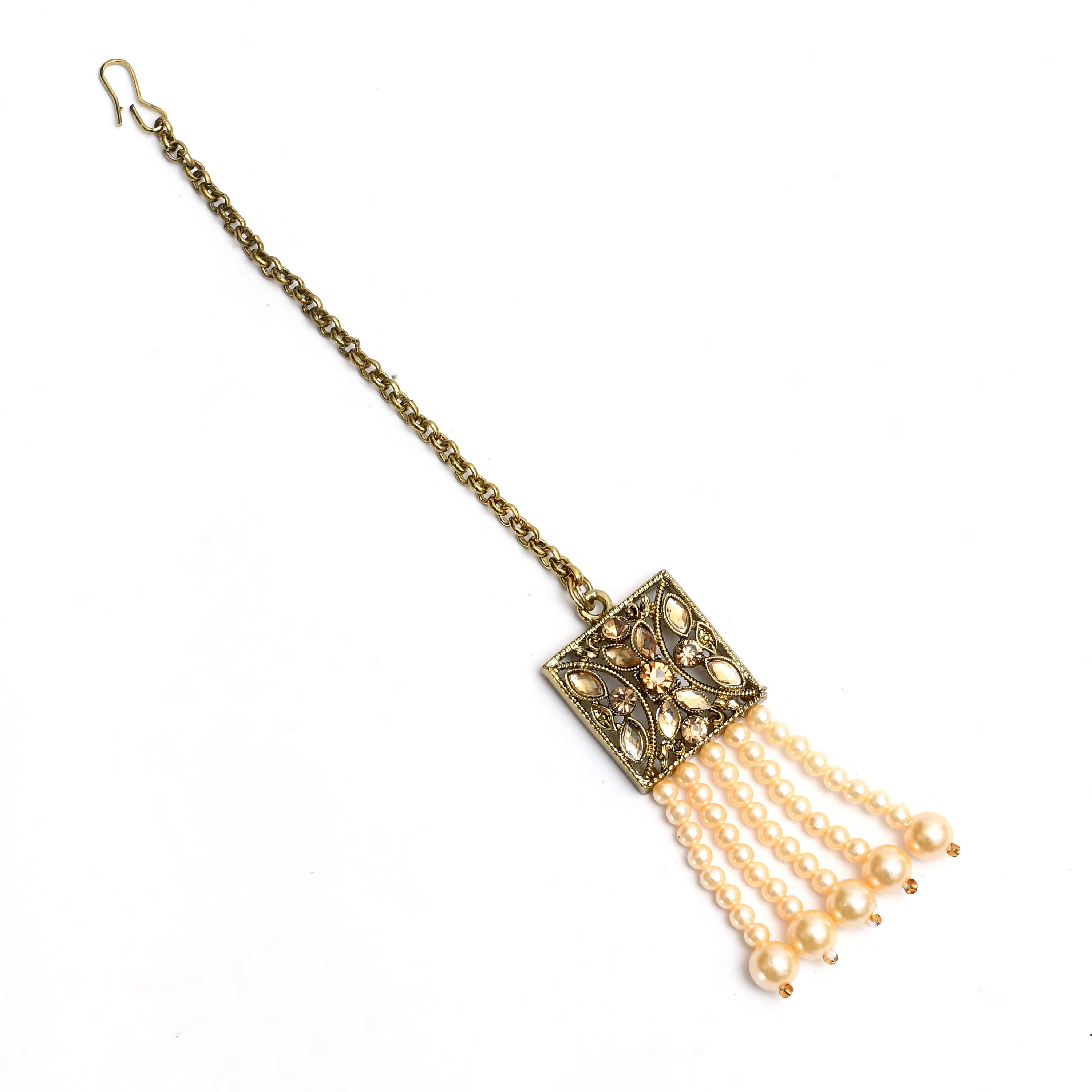 Off White Kundan & Pearls Choker Necklace Set in Golden Brass