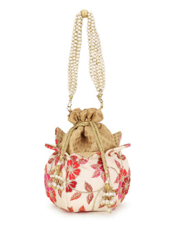 Pink faux silk potli bag featuring detailed lotus floral embroidery