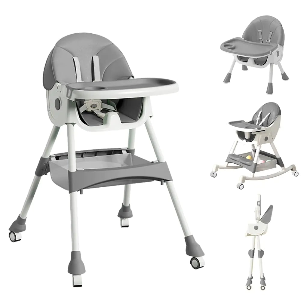 High Chairs for Babies and Toddlers 4 in 1 Convertible Baby High Chair Portable High Chair for Travel with Adjustable Height and Back Foldable High Chair with Wheels& Pu Cushion (Grey)