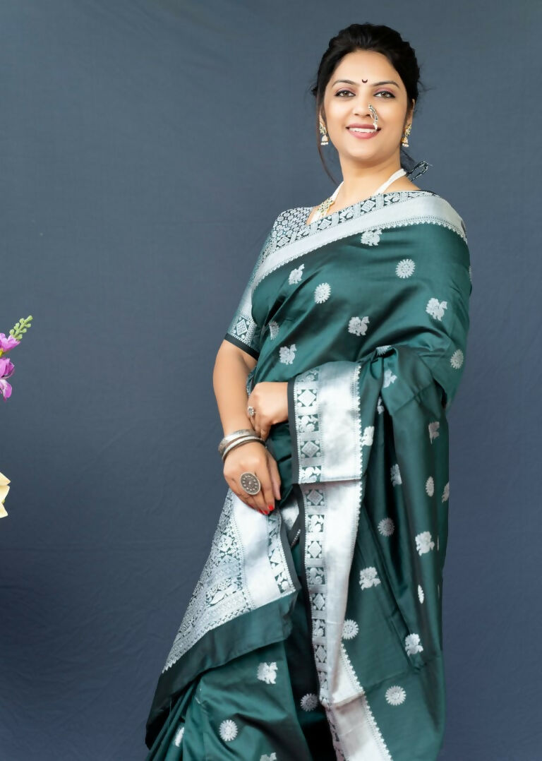 Bottle Green Soft Banarasi Silk Zari Woven Saree with Blouse
