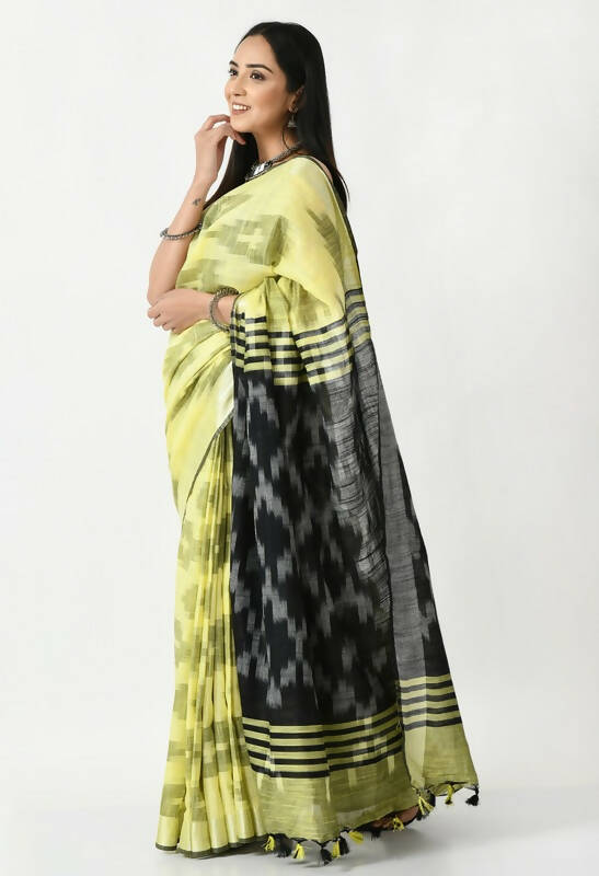 Lemon Yellow and Black Bhagalpuri Handloom Ikat Cotton Saree