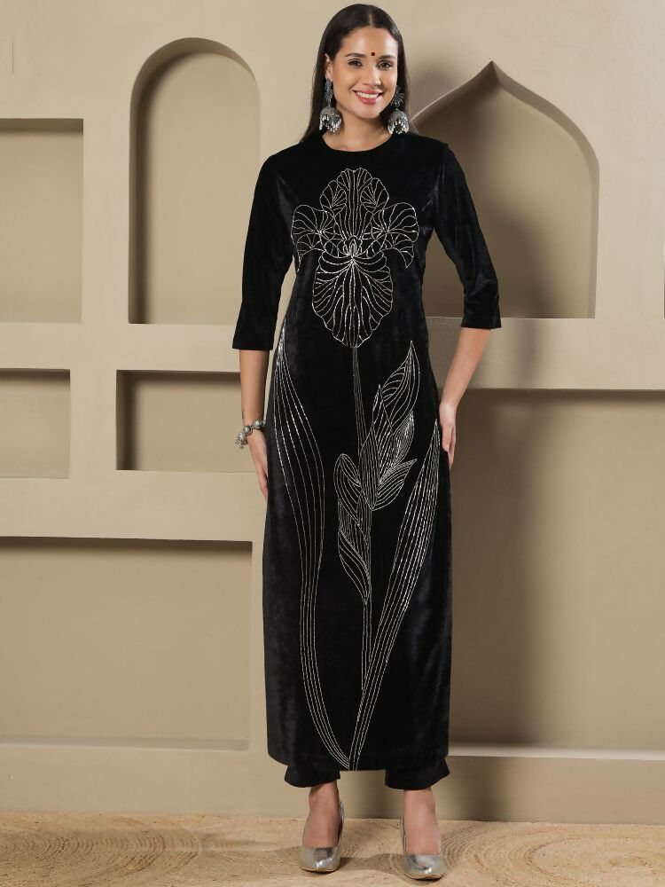 Black Velvet Kurta Set with Intricate Hand Embellishments