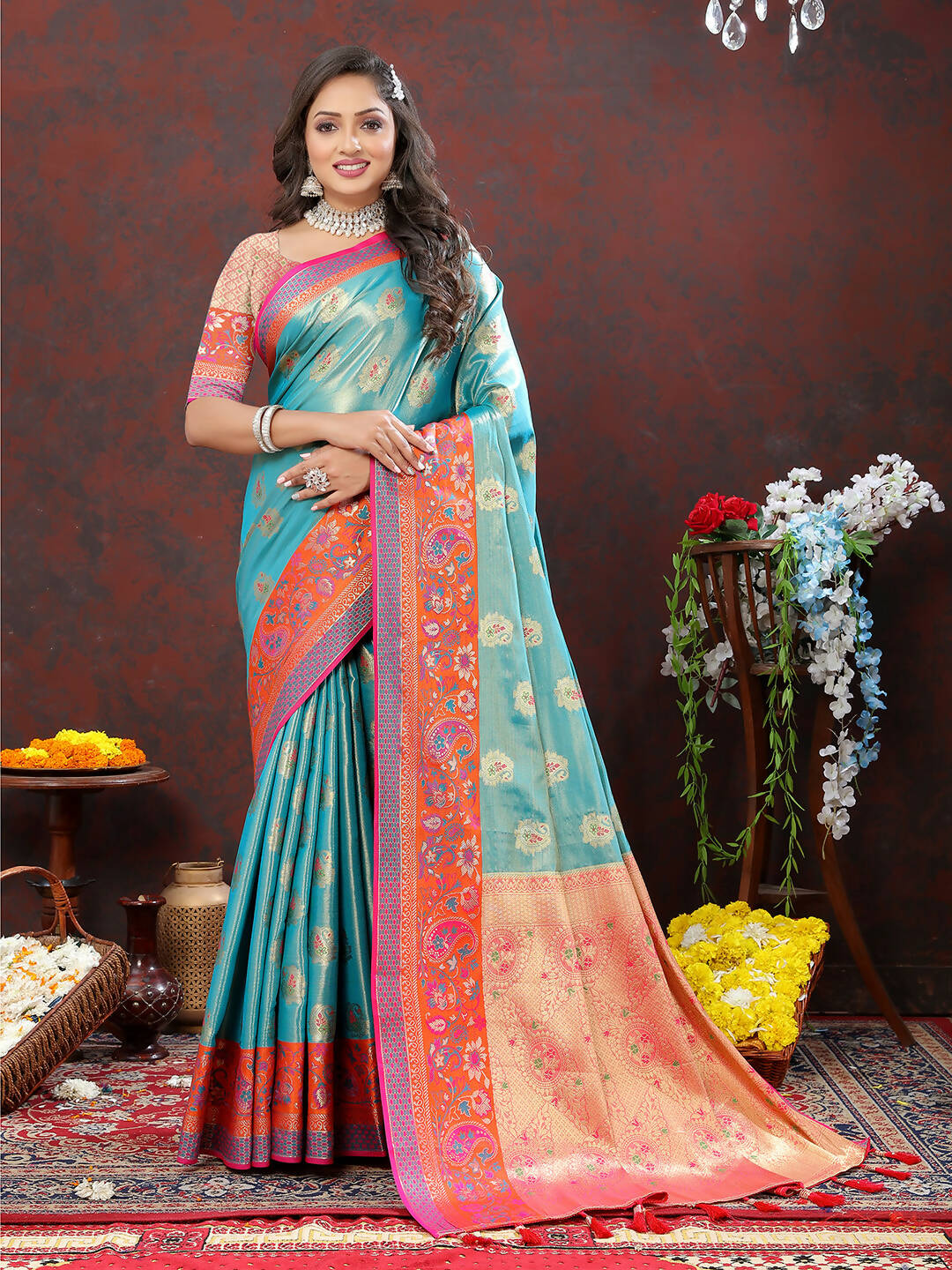 Skyblue Kanjivaram Silk Saree with Festive Zari Weaving