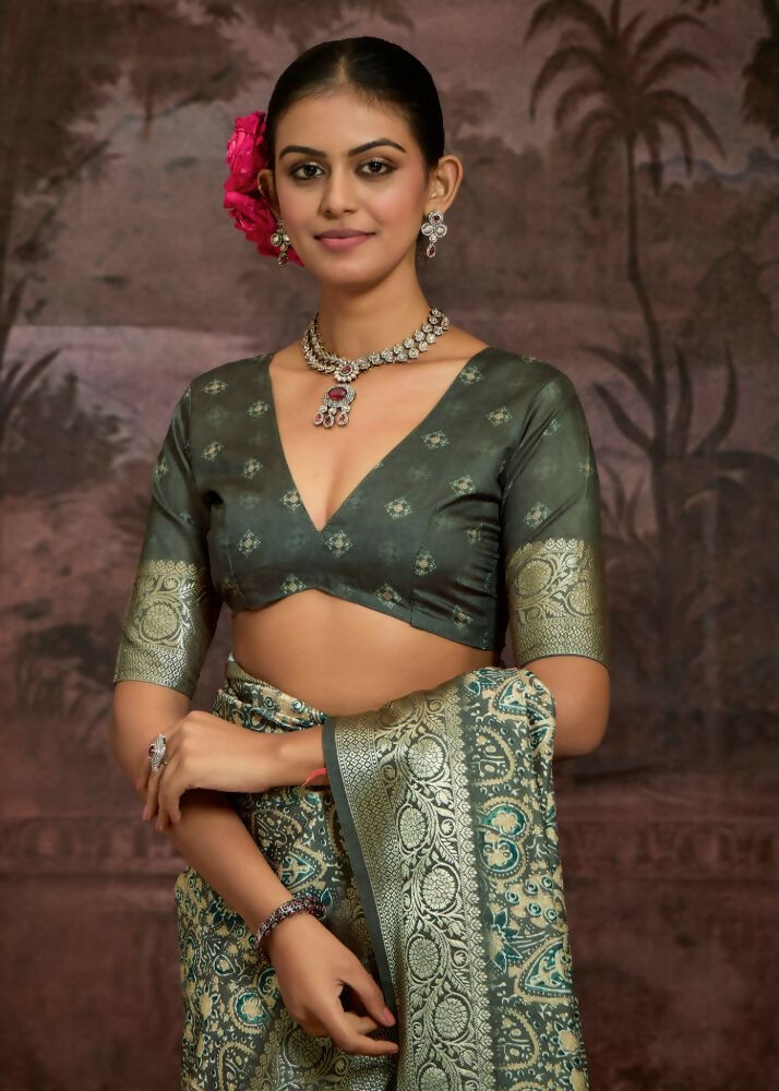 Joban Fashion Mehendi Green Dola Tussar Silk Self Jacquard Border Saree