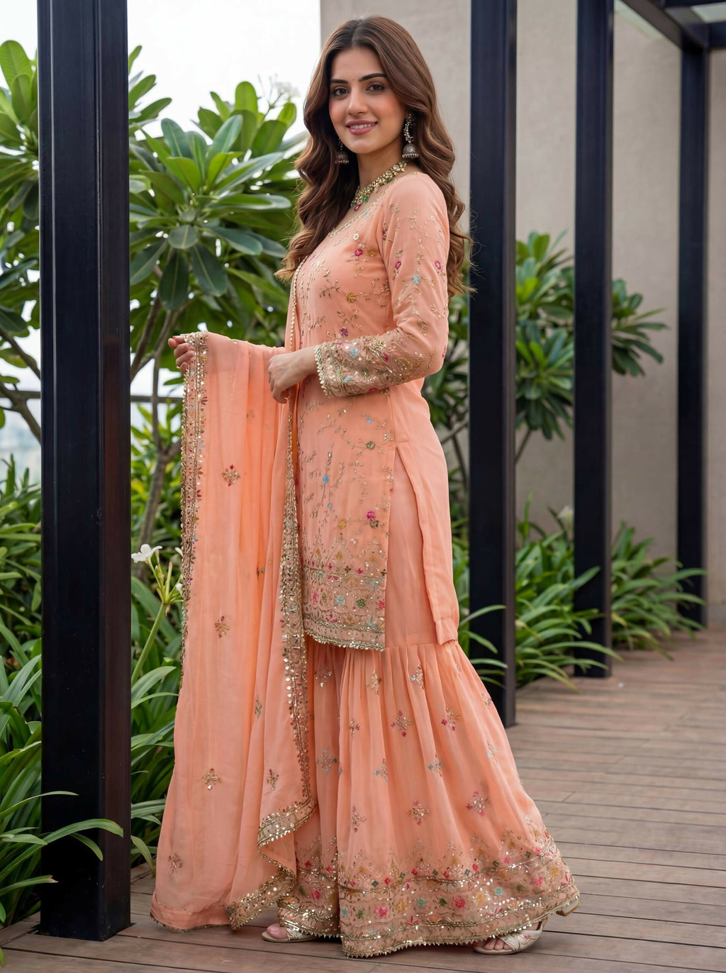 Orange Georgette Embroidered Sharara Set for Festive Occasions