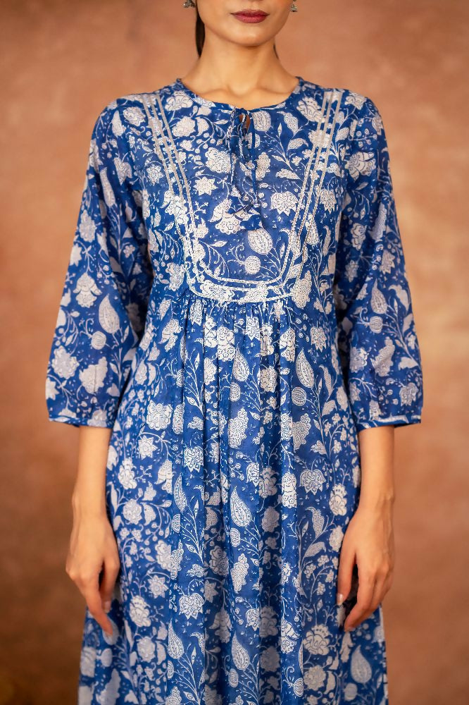 Blue Floral Hand Block Printed Cotton Kurta and Pant Set