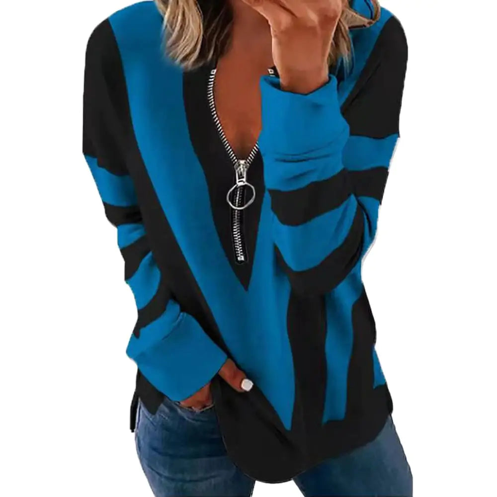 Women's Striped V-Neck Zip Up Long Sleeve Casual Sweatshirt - Image 16