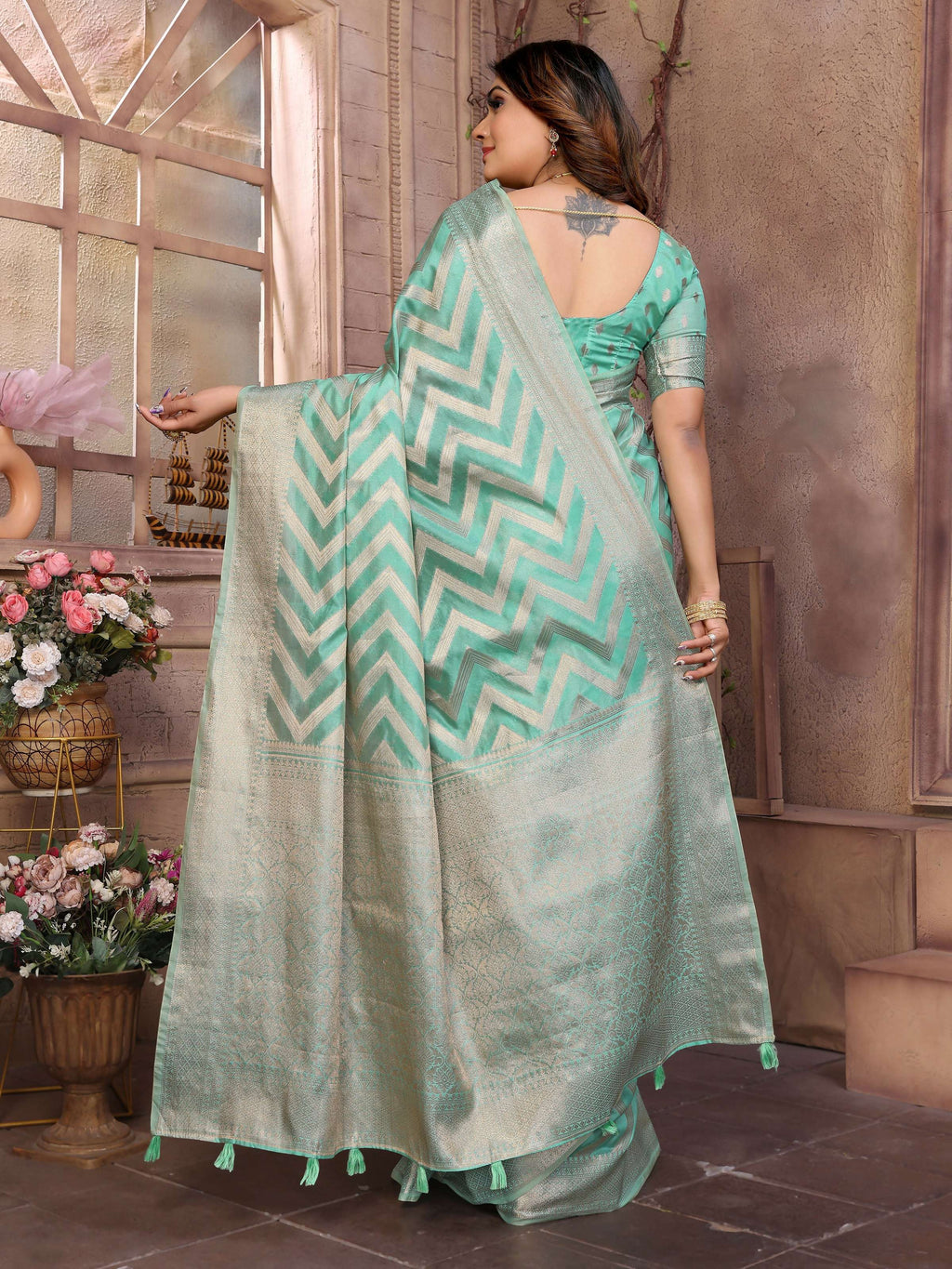 Sea Green Soft Organza Silk Saree with Intricate Weaving
