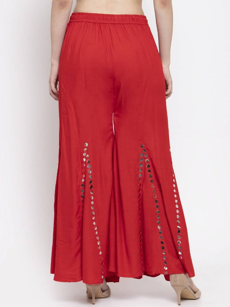 Red Mirror Work Palazzo Pants - Traditional Ethnic Bottoms