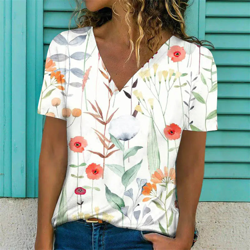 Women's V-Neck Casual Floral Print Short Sleeve T-Shirt - Image 18