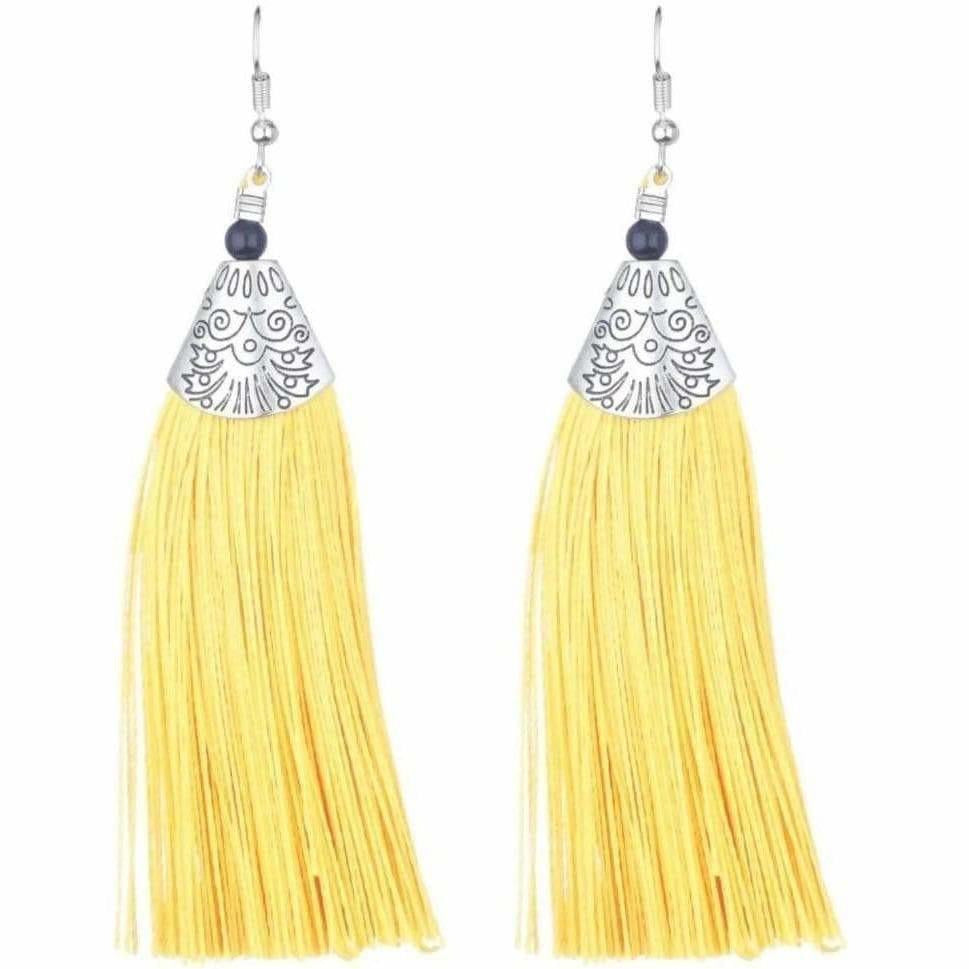 Vibrant yellow thread fringe statement earrings for party wear