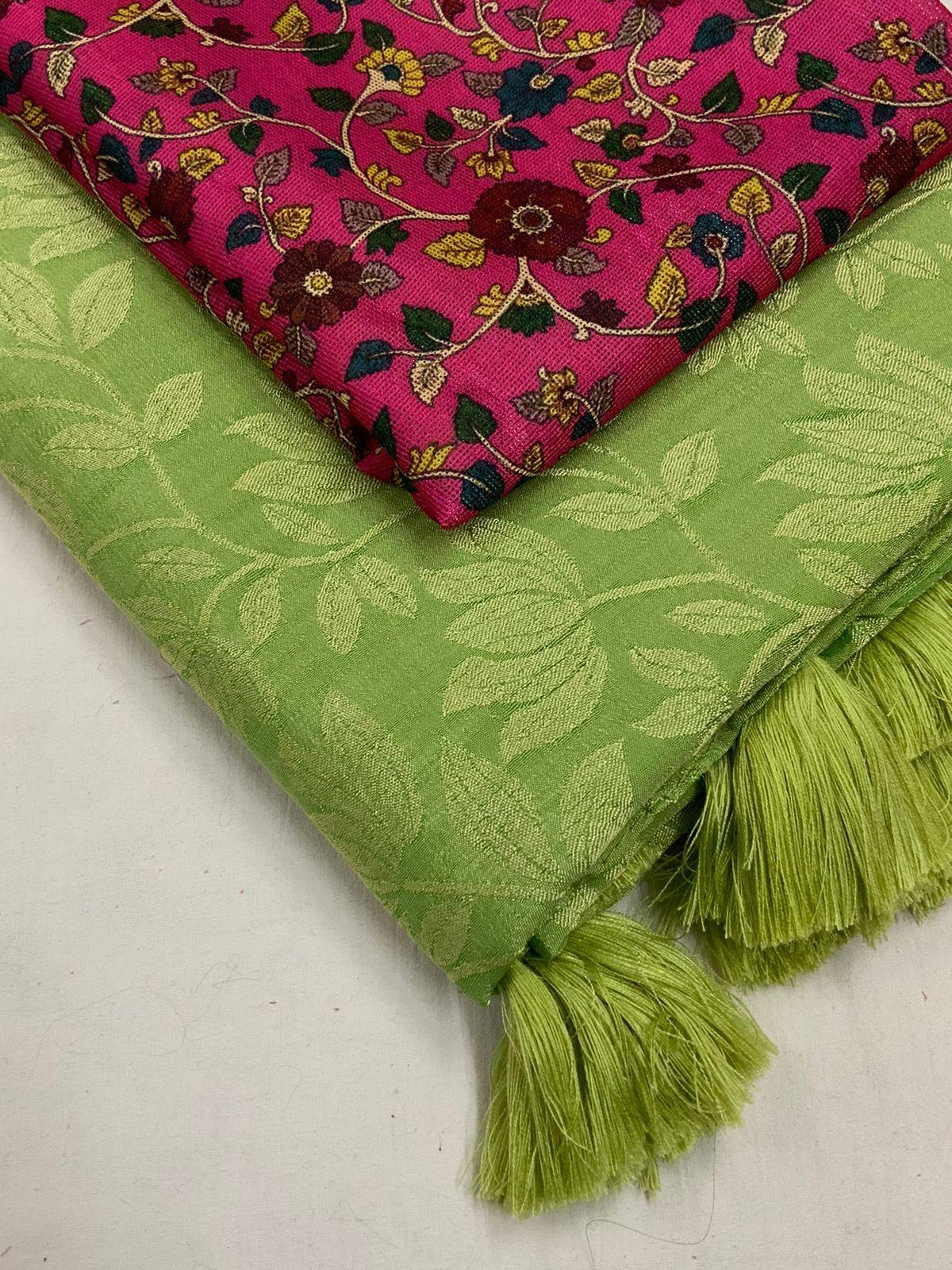 Green Jute Silk Jacquard Saree with Kalamkari Blouse