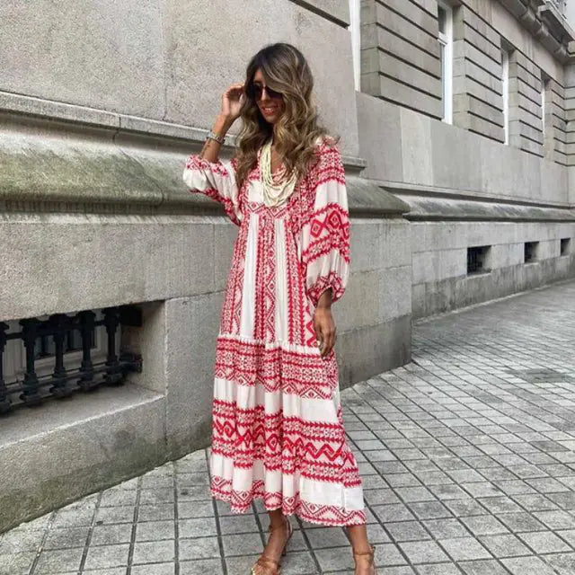 Women's Diamond Print Maxi Dress with V-Neck and Puff Sleeves - Image 48