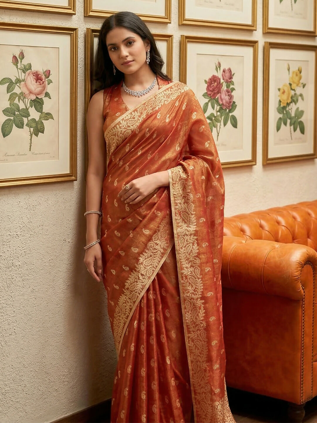 Rust Tissue Silk Saree with Matching Blouse