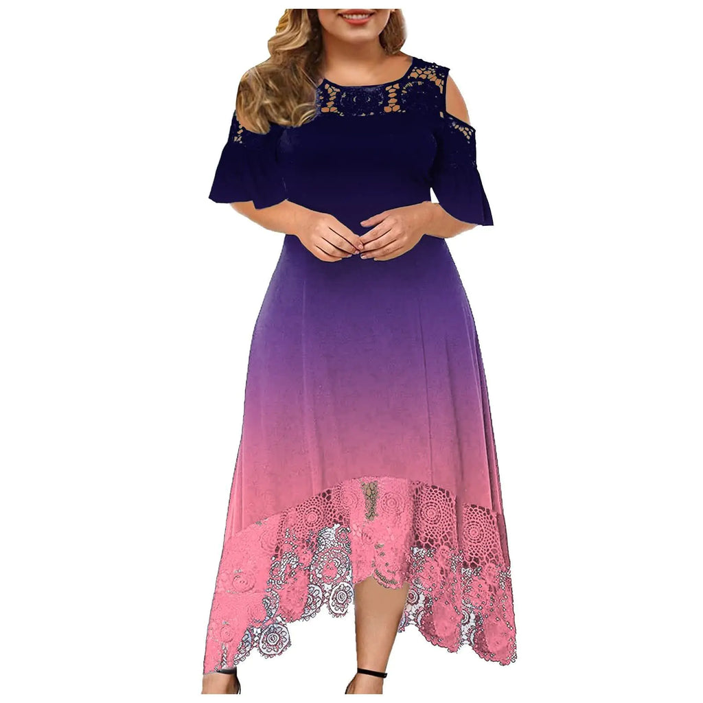 Women's Off-Shoulder Lace Trim Gradient High-Low Dress - Image 7