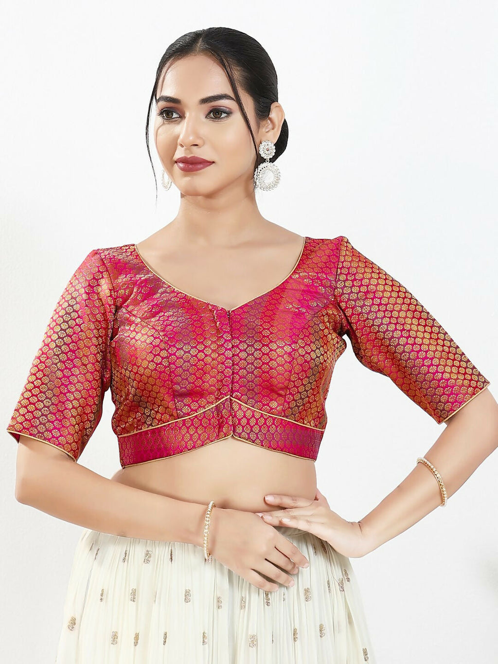 Pink brocade padded blouse with sweetheart neckline and elbow sleeves