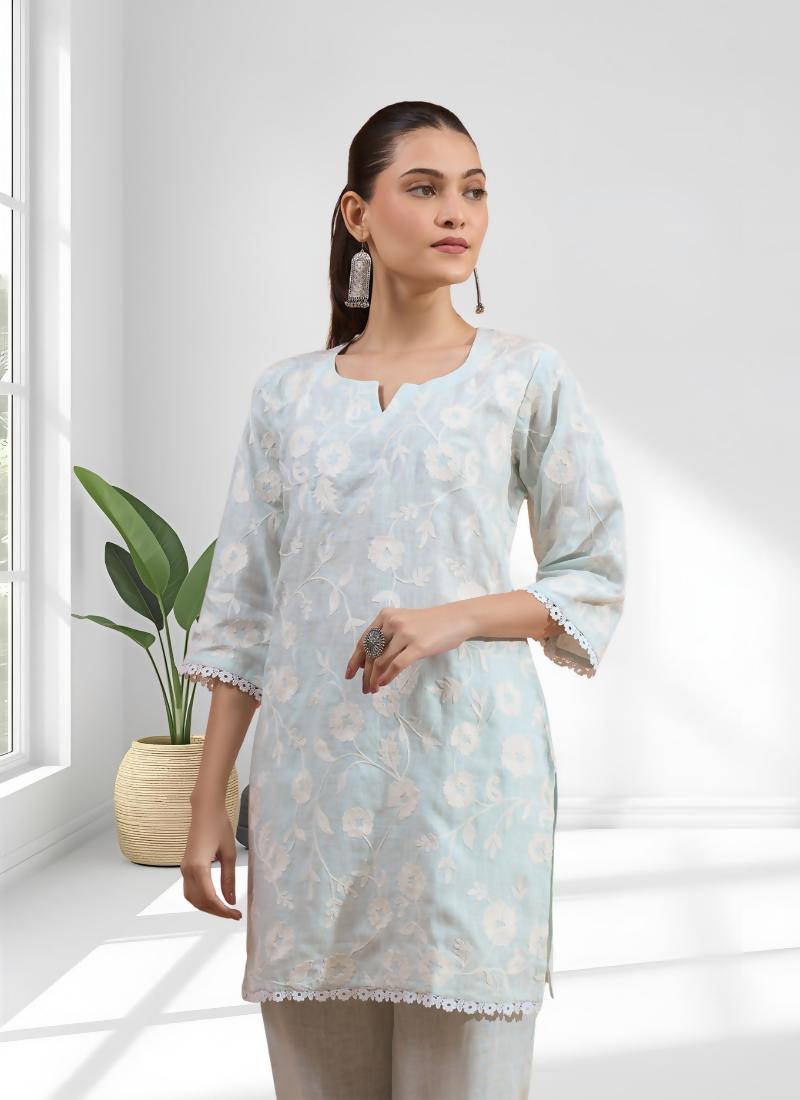 Sky Blue Embroidered Linen Cord Set – Festive & Casual Co-ord