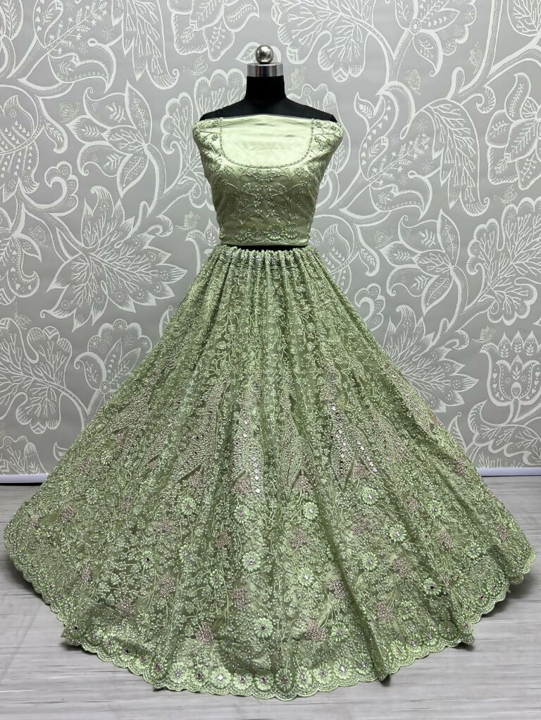 Pista Green Bridal Net Lehenga Choli with Mirror and Diamond Work