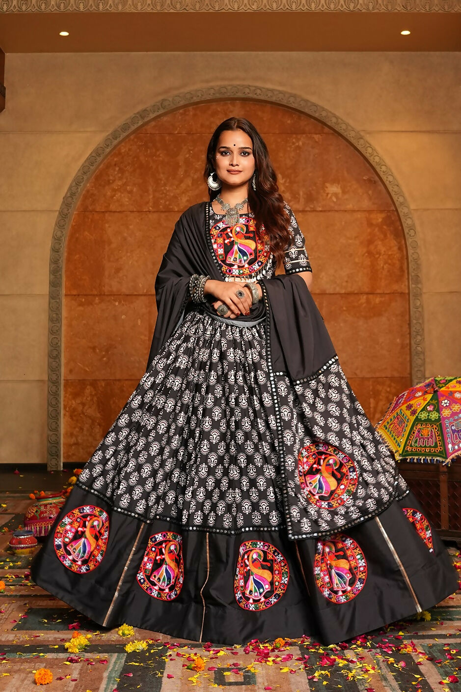 All-Black Designer Navratri Lehenga Choli in Crepe Fabric