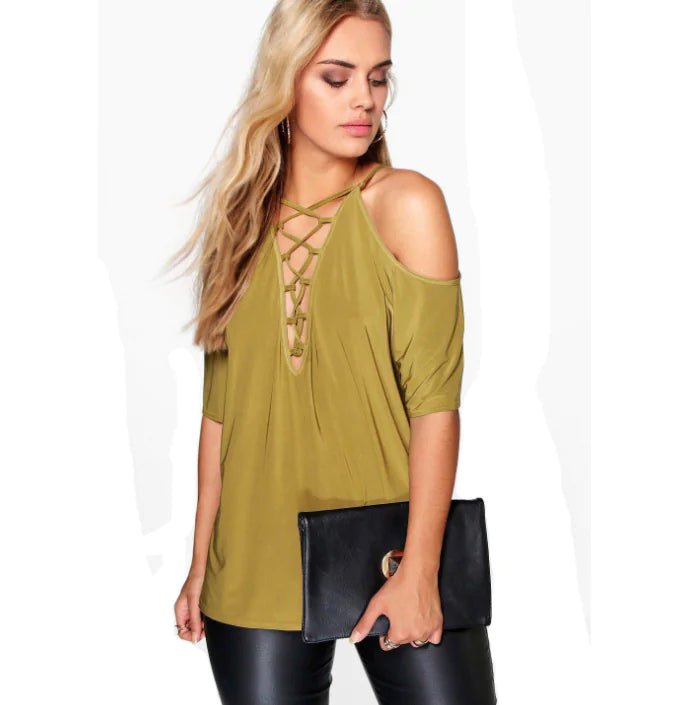 Women V-Neck Short Sleeve Blouse with Shoulder Tie Detail Autumn - Image 20