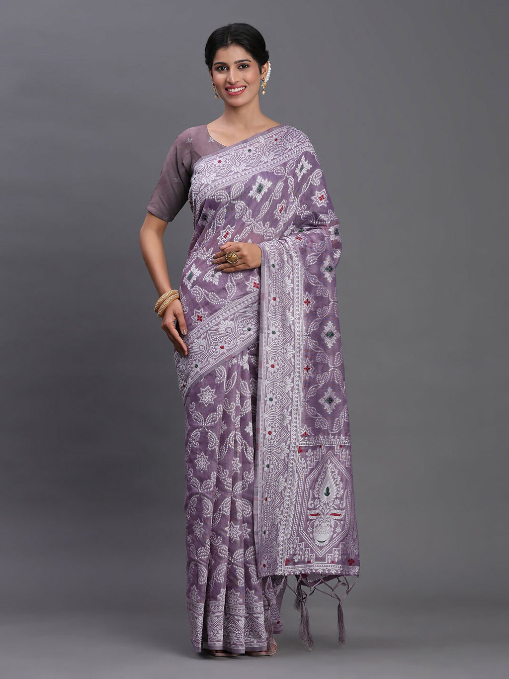 Violet Linen Cotton Saree with Traditional Ethnic Patterns