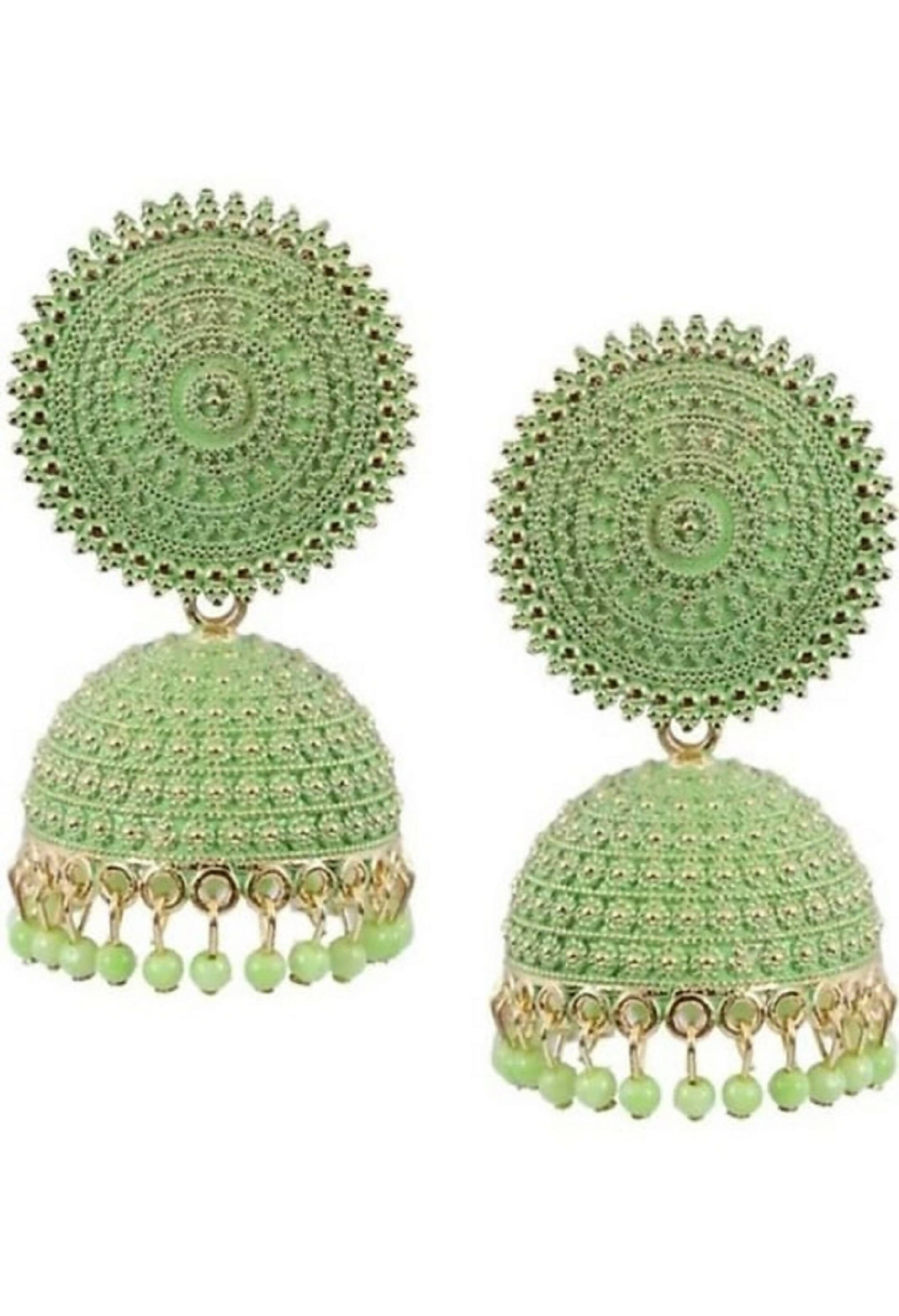 A pair of gold-polished Pista Green Meenakari Jhumkas with pearl detailing on a neutral background.
