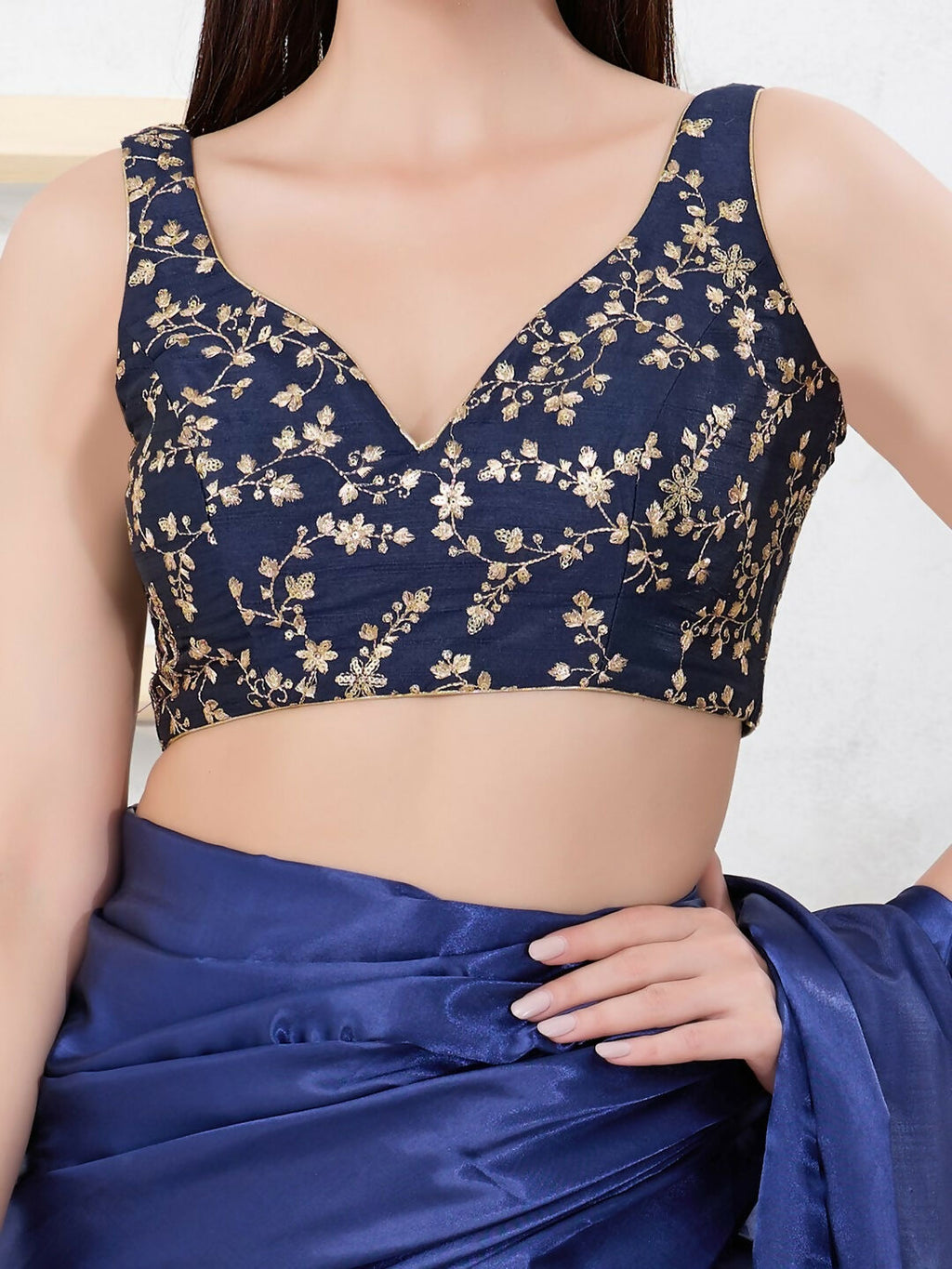 Navy-Blue Mulberry Silk Sleeveless V-Neck Back Open Blouse