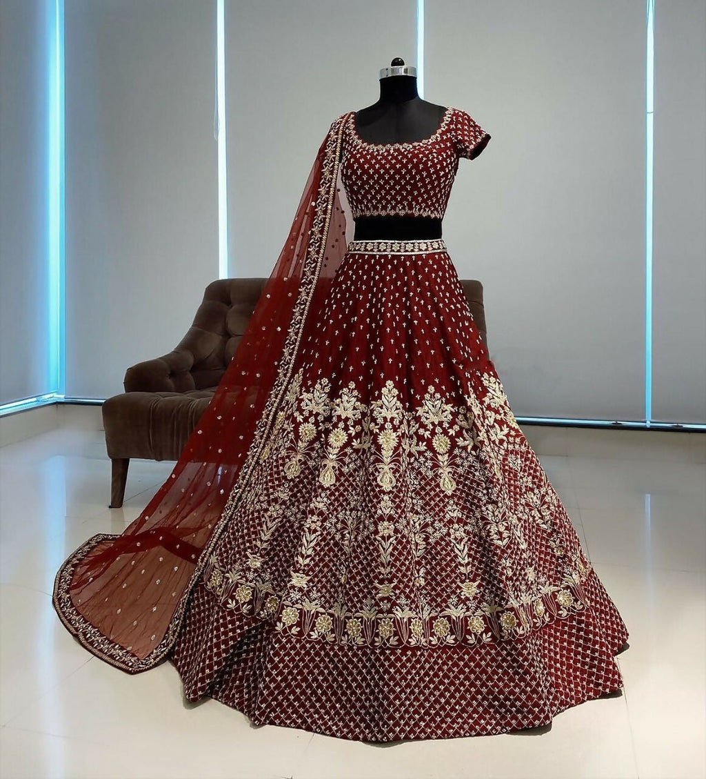 Maroon Taffeta Satin Silk Lehenga Choli with Sequins and Zari