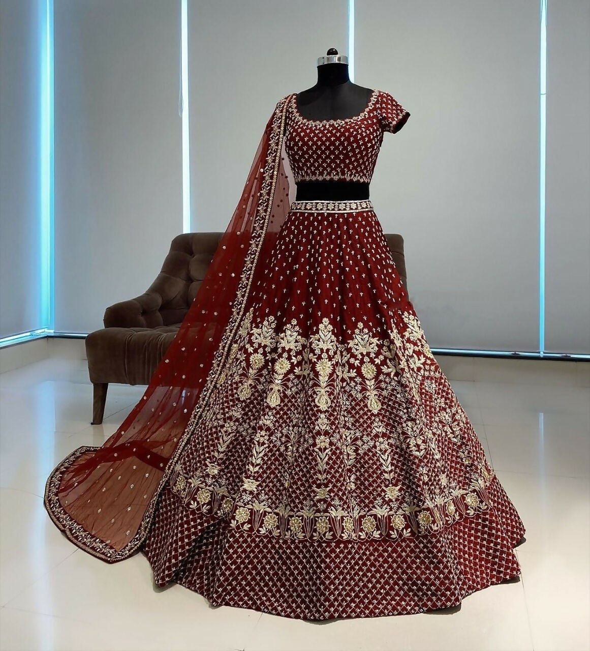 Maroon Taffeta Satin Silk Lehenga Choli with Sequins and Zari