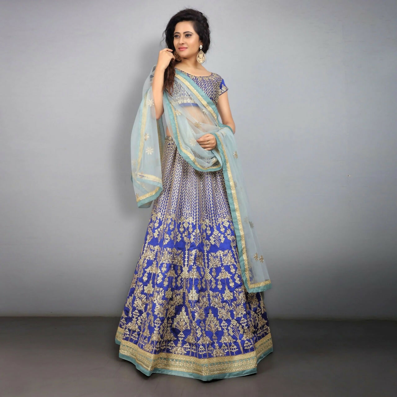 Royal Blue Taffeta Silk Lehenga Choli with Sequins and Zari