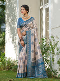 Elegant cream silk blend saree with blue accents and matching blue blouse