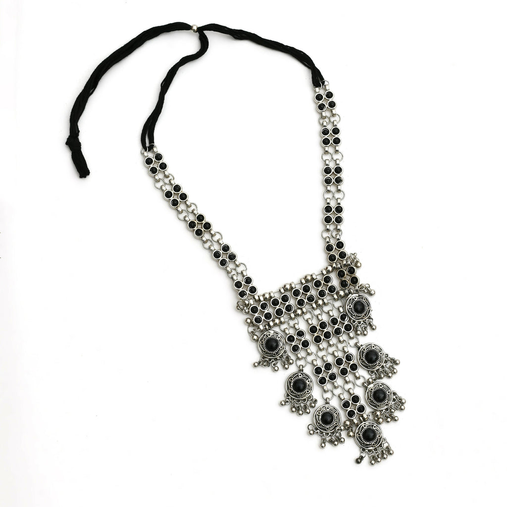 Black Kundan Afghani Long Necklace in Oxidised Silver Finish