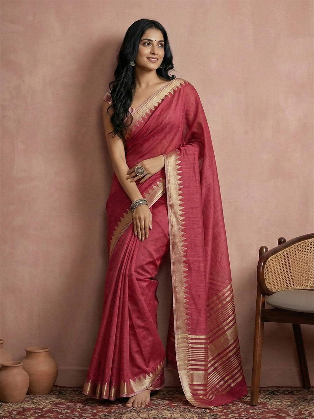 Rich maroon cotton saree with a matching blouse piece