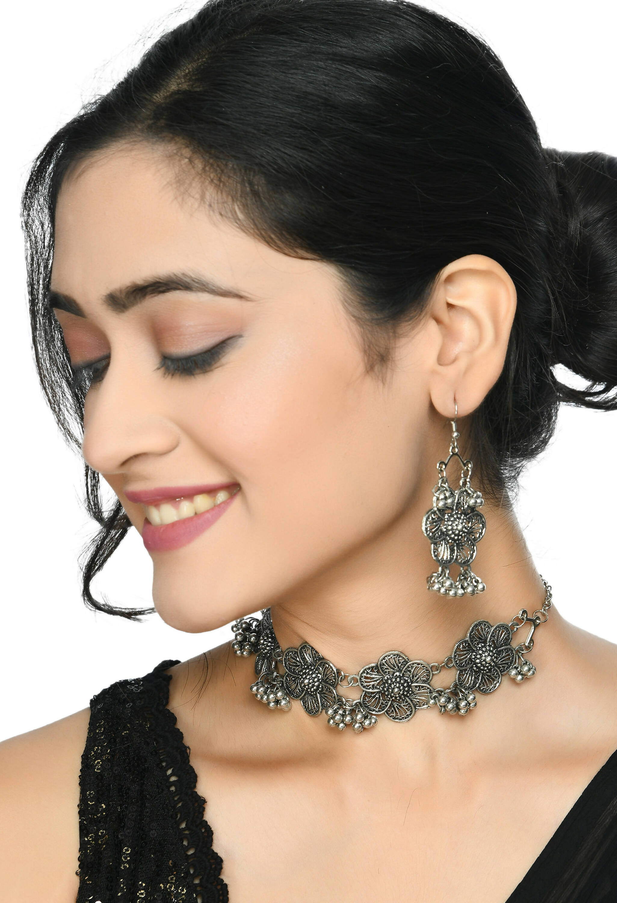 Silver-Plated Floral Design Oxidised Brass Choker Necklace