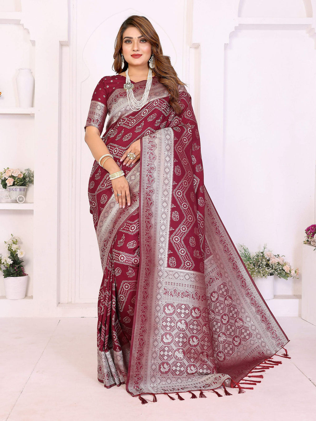 Maroon Georgette Silk Leheriya saree with Zari weaving