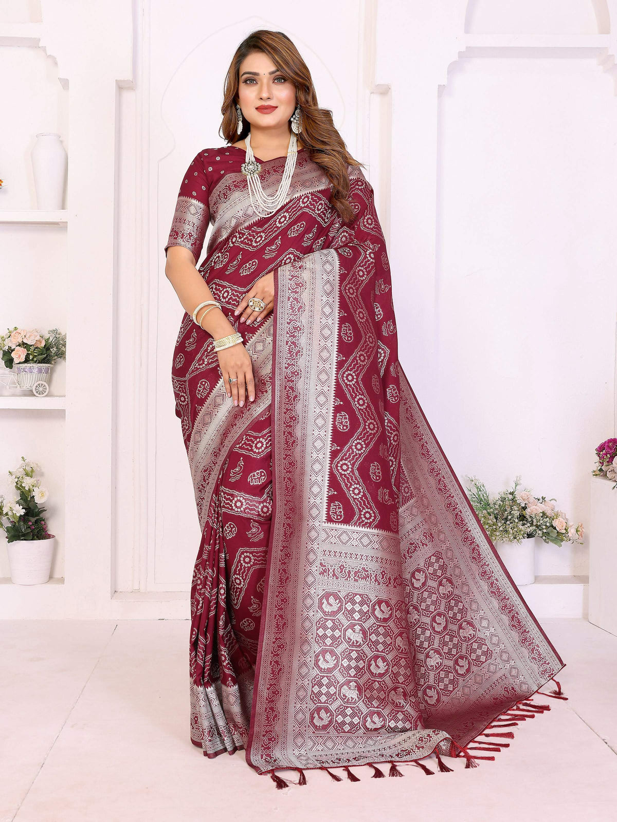 Maroon Georgette Silk Leheriya saree with Zari weaving