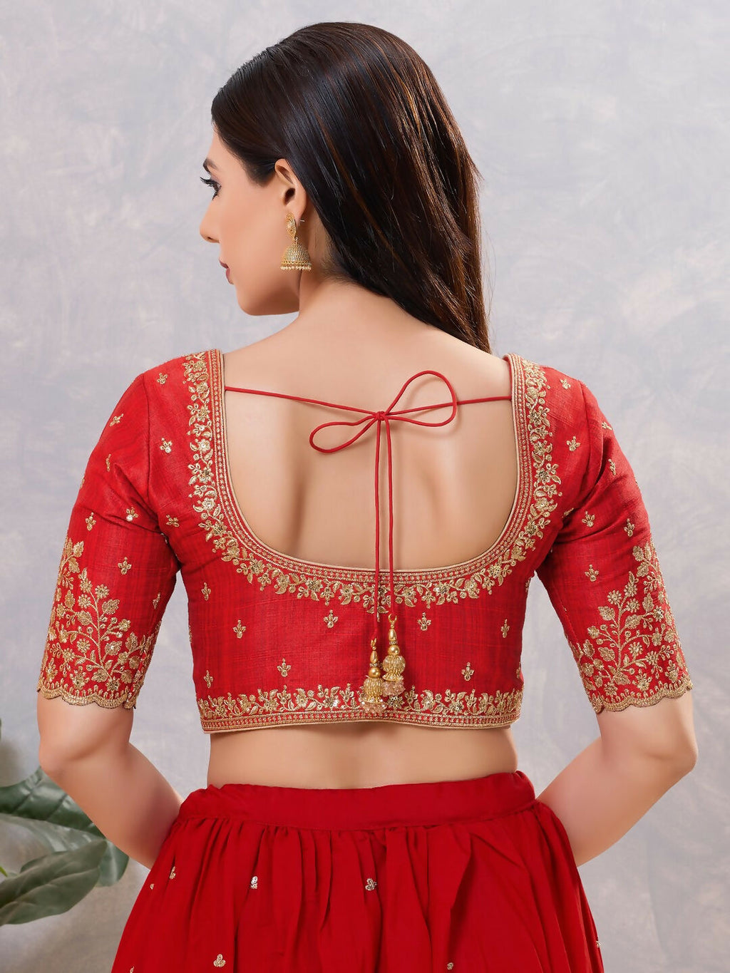 Women's Dark-Red Silk Stitched Blouse with Embroidery and Padding