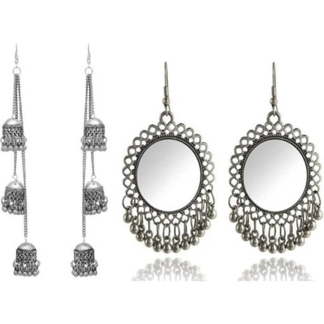 Set of two pairs of Kashmiri style oxidized Jhumka and hanging earrings