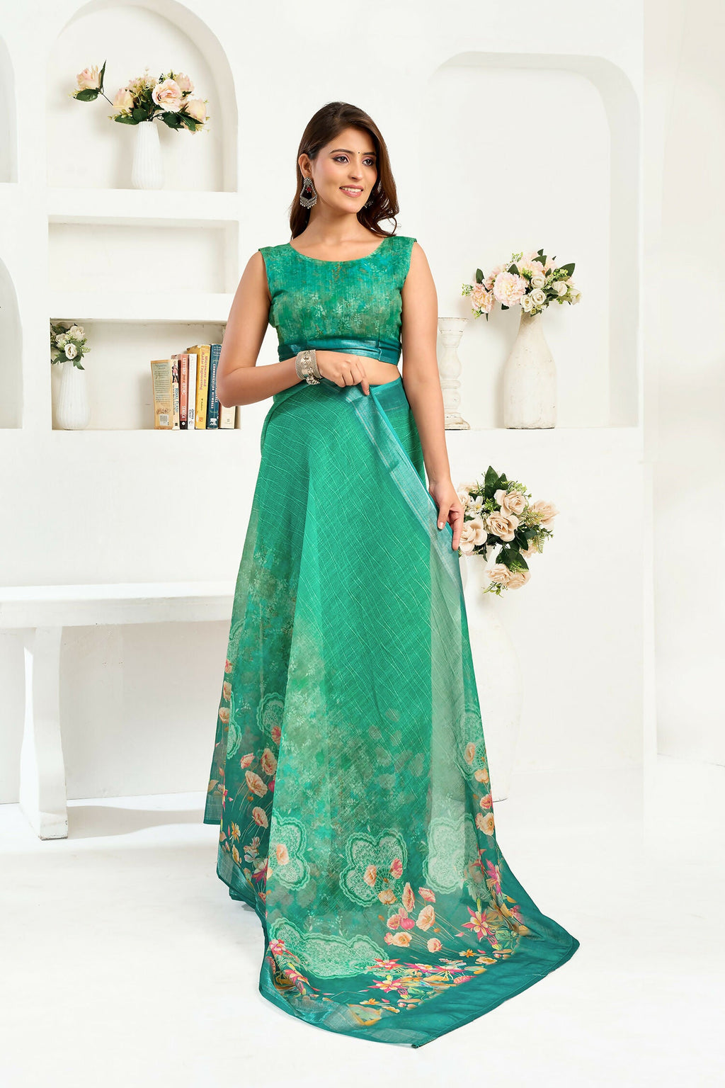 Rama Green Floral Linen Ready To Wear Saree with Blouse Piece