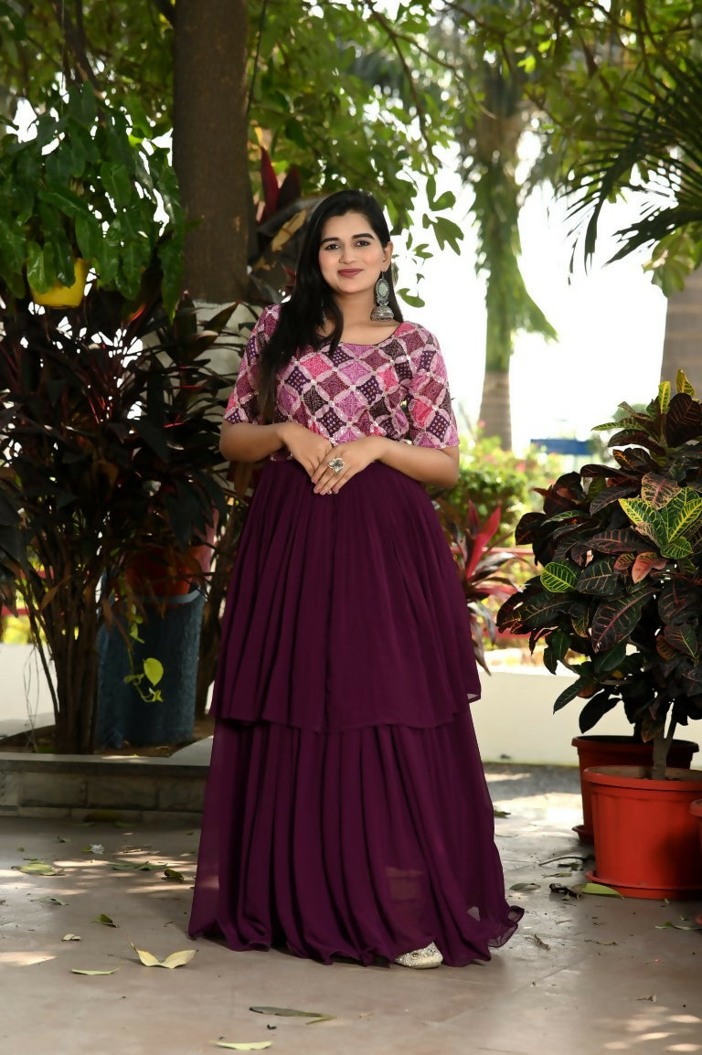 Wine colored Faux Blooming Anarkali dress with geometric print and sequin embellishments
