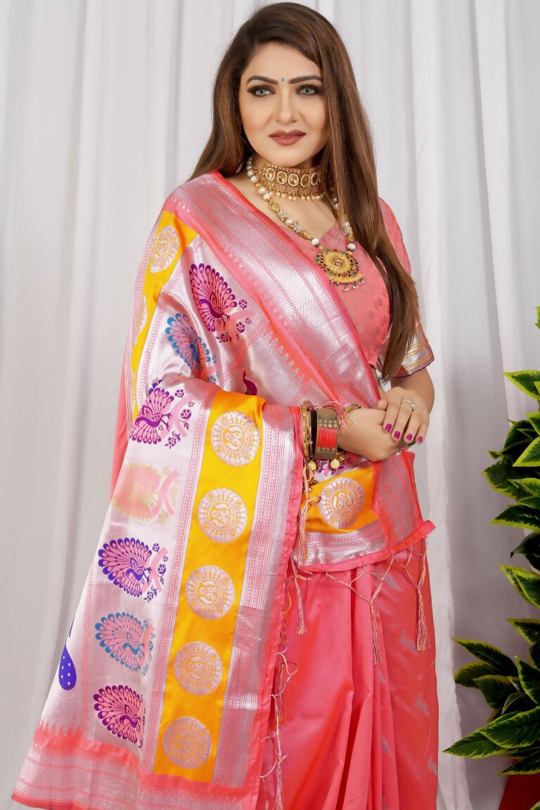 Peach Paithani Silk Saree with Zari Woven Details and Blouse