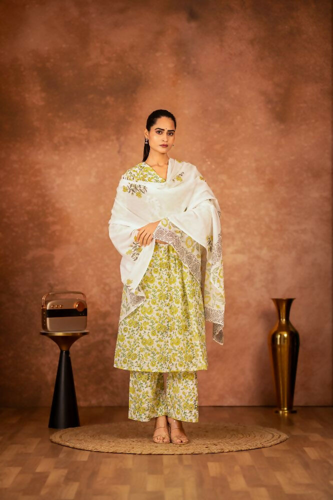 Yellow Hand Block Printed Cotton Suit Set for Women