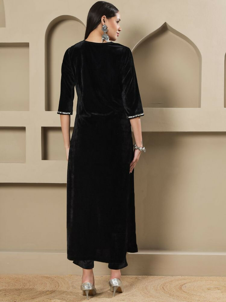Black Velvet Kurta Set with Hand Embellishment - Stitched 2-Piece