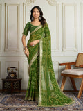 Green georgette saree with intricate Rajwadi Bandhani pattern.
