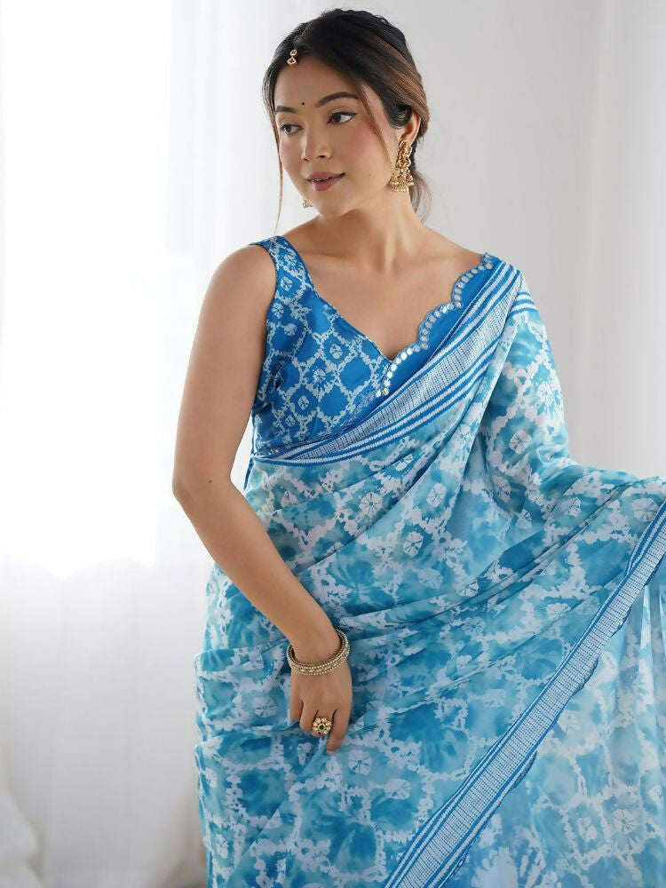 Sky Georgette Digital Print Saree with Mirror Work