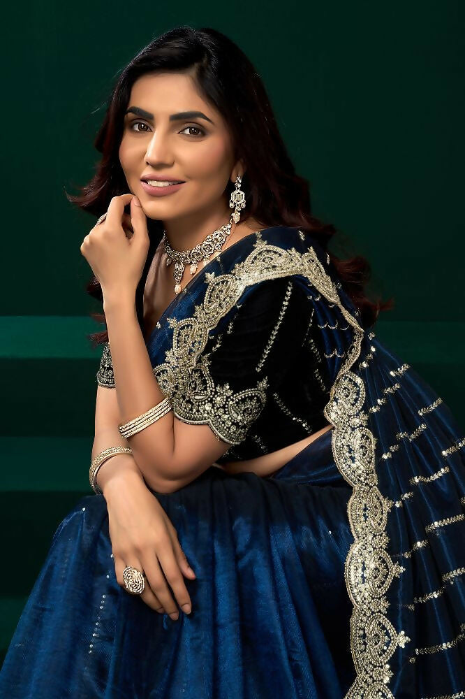 Navy Blue Net Party Wear Saree with Black Velvet Blouse Set