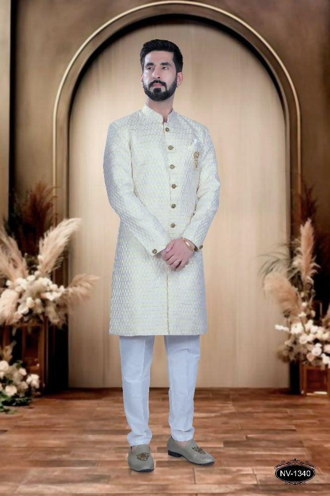 Yellow and white cotton silk kurta with intricate embroidery for young boys