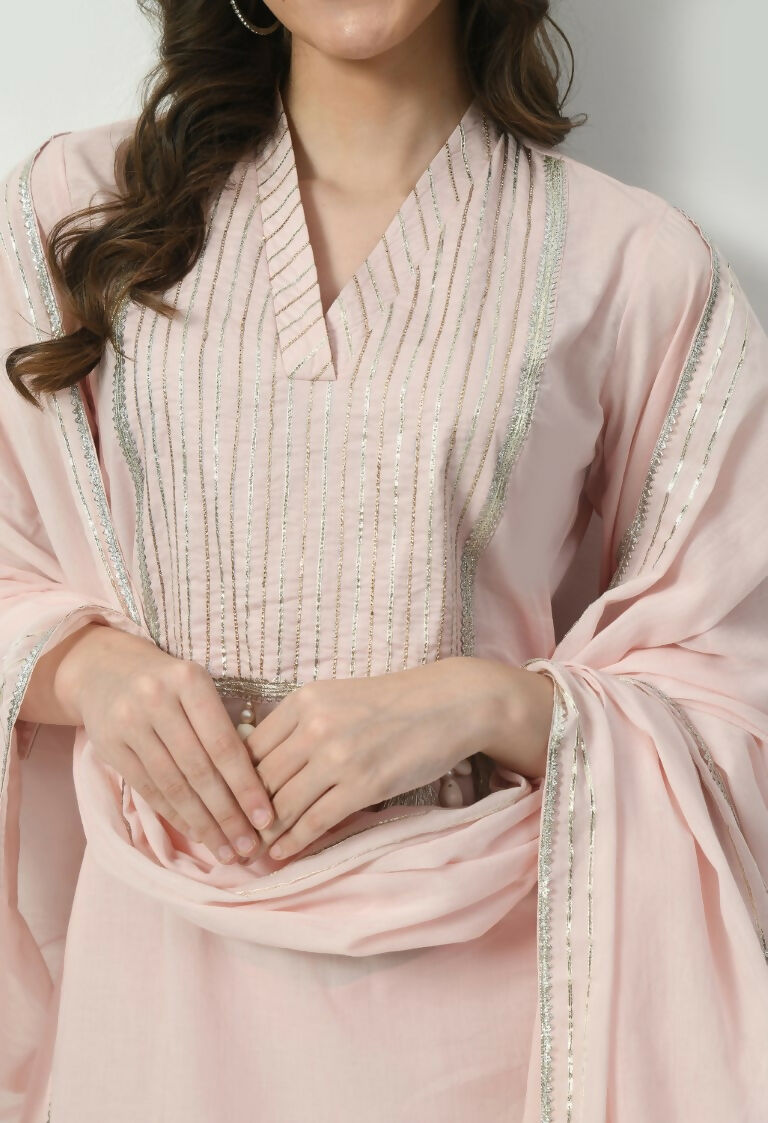 Cream Cotton Kurta Set with Organza Dupatta - 3 Piece Suit